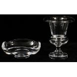 STEUBEN GLASS ASHTRAY & CIGARETTE URN, TWO  PIECES: The ashtray is H 1.75", L 4.5", D 4.5"  while