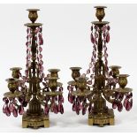 FRENCH BRONZE 5 LIGHT CANDELABRA, PAIR, H 15"  DIA 8": Hung with amethyst prisms.