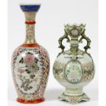 JAPANESE PORCELAIN VASES, C. 1900, TWO, H 9" -  11": one having chrysanthemums with a long  narrow