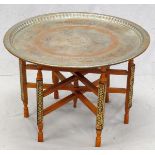 MIDDLE EASTERN COPPER & PEWTER TRAY TOP TABLE, H  19", DIA 28": A round copper and pewter tray