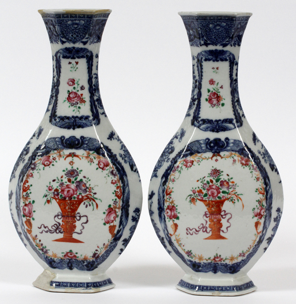 LOWESTOFT PORCELAIN VASES, 18TH C., PAIR, H 12''  W 6 1/4'': Baluster form vases with hexagonal - Image 2 of 4