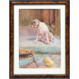 H. ROUNTREE, BRITISH WATERCOLOR, C. 1900, H 13  1/4", W 9 1/4" SIGHT, DOG, CAT & DUCK: Signed