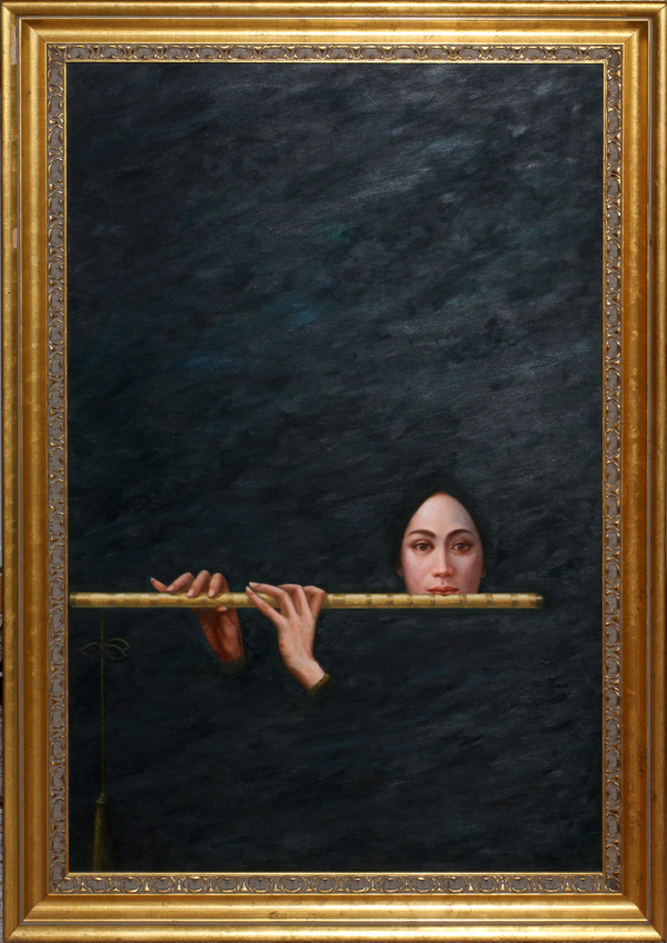 OIL ON CANVAS, H 40", L 28" FLUTE PLAYER:  Depicting a female flute player with a black - Image 2 of 3