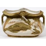 ROYAL DUX ART NOUVEAU PORCELAIN VASE, C. 1915, H  6", W 9": Ovoid form vase, flanked by handles,