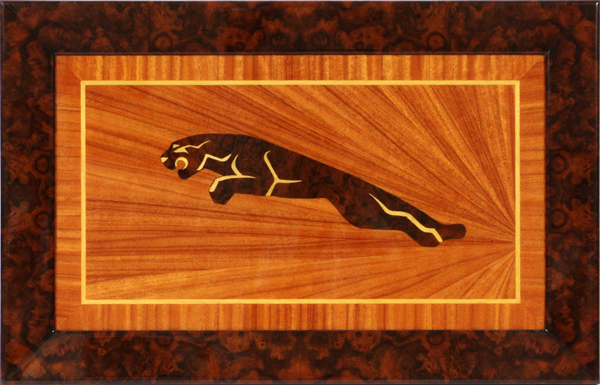 PARQUETRY JAGUAR H 17.5", L 29.5": Multiple  woods in the form of the Jaguar emblem design.