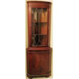 MAHOGANY CORNER CABINET, MID 20TH C., H 74", W  26": Paneled glass front, lower cupboard.  Circa