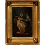 GEORGE MORLAND, OIL ON WOOD PANEL, 1757, H 12",  L 8" SEATED WOMAN: Woman seated at desk with a