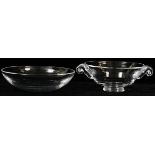 STEUBEN GLASS BOWLS, TWO: The shallow bowl is H  2.25", Dia 8.5" and the double handle vase is H
