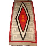 NAVAJO RED, GRAY & BLACK WOOL RUG, 5' 7" X 2'  8": Gray ground with red and black diamond at  the