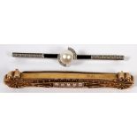 WHITE AND YELLOW GOLD TIE BARS ONE WITH 7 1/2 MM  PEARL: one of white gold with a center mounted