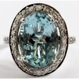10.00CT NATURAL AQUAMARINE & DIAMOND RING, SIZE  5: A 14kt white gold lady's cocktail ring,