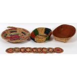 AMERICAN INDIAN DYED GRASS BASKETS & COASTERS,  ELEVEN PIECES, & A CHIPPEWA BIRCH BARK BOWL:  Dyed