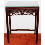 CHINESE CARVED WOOD TABLE, H 18", L 38", D  16.25": Having a pierced carved apron with a  fitted