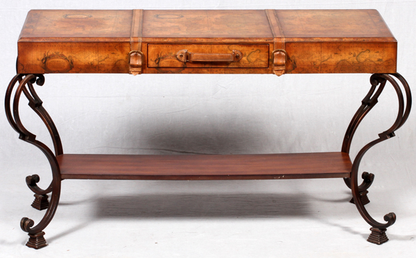 WORLD MAP TABLE, C1940, H 30", L 50", D 22",  LEATHER AND IRON: The top of the single drawer  table