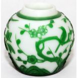 PEKING GLASS OVERLAY VASE, H 6", DIA 6":  Featuring bird, leaf and flower designs in green  on a