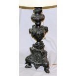 FRENCH GOTHIC REVIVAL BRONZE LAMP, C. 1880, H  26": Dark patina, claw feet and cherubs.