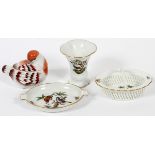 HEREND PORCELAIN TABLE ARTICLES, FOUR PIECES:  Featuring hand painted cigarette holder and  pierced
