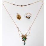 VINTAGE VERMEIL TURQUOISE & SEED PEARL NECKLACE  L.15'' & RING: Vermeil, 10 KT locket H.1'' X  W.5/