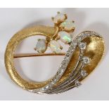 18KT YELLOW GOLD DIAMOND AND OPAL BROOCH, TW.11  GR H 1 1/4'' W 1 5/8'': Five oval opals.  Fourteen