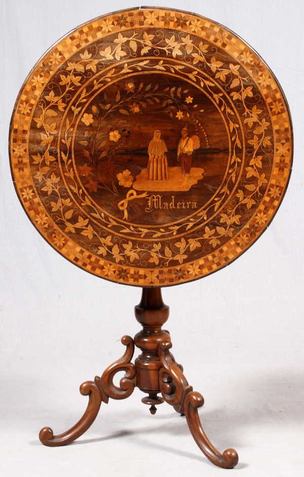 VICTORIAN MARQUETRY INLAID TILT-TOP TABLE/DESK,  C. 1850, H 27 1/2", W 29", MADEIRA: A round  tilt - Image 3 of 6