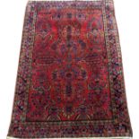 SAROUK WOOL RUG, W 3' 3", L 4' 7": Red ground  with multi-colored designs.