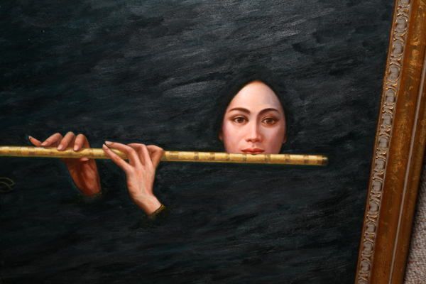 OIL ON CANVAS, H 40", L 28" FLUTE PLAYER:  Depicting a female flute player with a black - Image 3 of 3