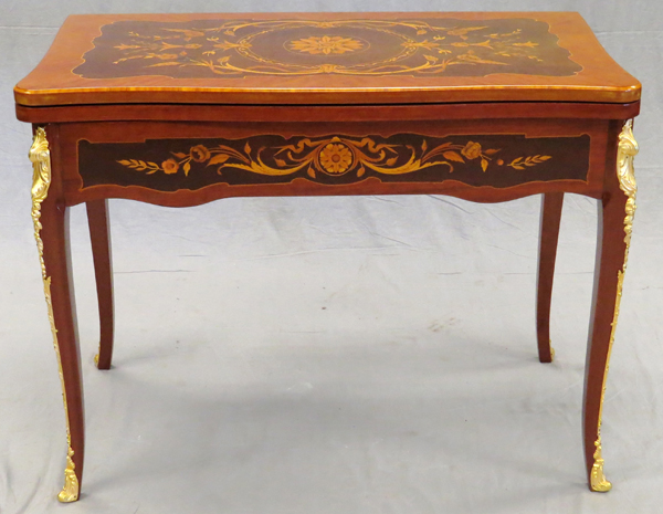 LOUIS XV STYLE GAMES TABLE, MAHOGANY & FRUITWOOD  WITH BRONZE ORMOLU LATE 20TH C., H 32", L 41", D - Image 2 of 6