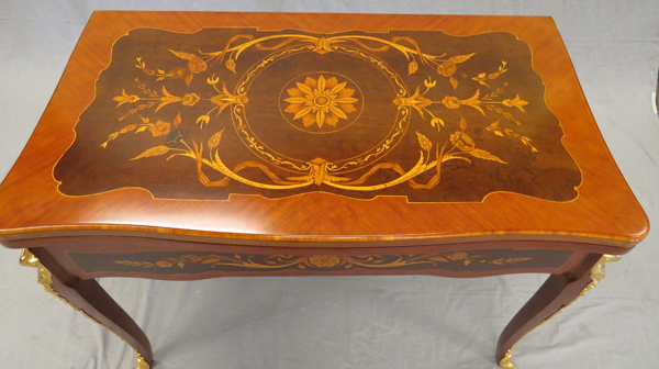LOUIS XV STYLE GAMES TABLE, MAHOGANY & FRUITWOOD  WITH BRONZE ORMOLU LATE 20TH C., H 32", L 41", D - Image 3 of 6