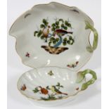 HEREND 'ROTHSCHILD BIRD' PORCELAIN DISHES, TWO,  L 7" & 8": Hand painted. Leaf shape and shell