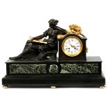 FRENCH BRONZE & MARBLE MANTEL CLOCK, C. 1810, H  20", W 30", D 9 3/4", 'THE USE OF TIME':