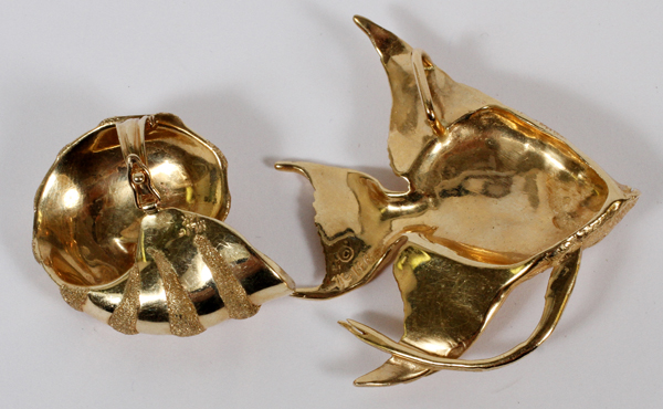LADY'S 14KT YELLOW GOLD ENHANCERS, TWO, W 1 1/8"  & 1 5/8": Including one in the form of a fish, - Image 3 of 3