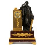 FRENCH BRONZE & ROUGE MARBLE FIGURAL MANTEL  CLOCK, LATE 19TH C., H 25 1/2", W 16": Raised  on a