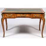 FRENCH LOUIS XV STYLE BURLED WALNUT DESK, C.  1820, H 30", W 49", D 27": Fitted with three