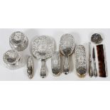 STERLING DRESSER SET, EARLY 20TH C., ELEVEN  PIECES: Two dresser jars, one buffer, one pill  box