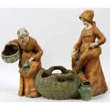 AMPHORA AUSTRIAN POTTERY FIGURAL CENTERPIECE, C.  1900, H 19", W 23", D 13": Depicting maidens at