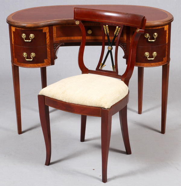 EDWARDIAN MAHOGANY & BURL WOOD INLAID WRITING  DESK, C. 1900, WITH CHAIR: Kidney shape with