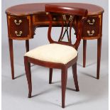 EDWARDIAN MAHOGANY & BURL WOOD INLAID WRITING  DESK, C. 1900, WITH CHAIR: Kidney shape with