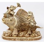 CHINESE CARVED BONE SCULPTURE H 18", L 20", TWO  MEN RIDING A FISH: The Chinese carved bone,  panel