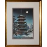 KAWASE HASUI WOODBLOCK PRINT, H 14", L 9" PAGODA  IN THE MOONLIGHT: Kawase Hasui [Japanese,  1883-