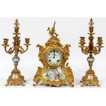 SEVRES STYLE PORCELAIN & GILT BRONZE CLOCK AND  CANDELABRA GARNITURE, C. EARLY 20TH C., 3  PIECES,