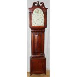 SCOTTISH MAHOGANY TALL CASE CLOCK, C. 1790-1810,  H 87": Metal face with two dials: seconds and