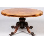 ENGLISH VICTORIAN CARVED WALNUT PARLOR TABLE, C.  1850, H 29", W 41", L 53": Pedestal base with