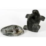 ESKIMO CARVED SEAL & WALRUS, 2 PCS, H 8", 9":  Seal, H 8", depicts a reclining Walrus with bone