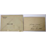 WILL ROGERS AUTOGRAPHED CARD AND ENVELOPE,:  Will Rogers autographed card signed in black  fountain