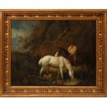 IN THE MANNER OF GEORGE MORLAND, OIL ON CANVAS,  W 19.5", L 25.5" RIDER ON HORSEBACK: Rider on