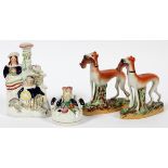 ENGLISH STAFFORDSHIRE PORCELAIN DECORATIVES,  19TH C., FOUR PIECES, H 3 1/4"-7": Including a  pair