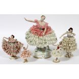 DRESDEN LACE PORCELAIN FIGURES OF DANCERS, FIVE,  H 4"-10 1/2": Each figure of a dancing young