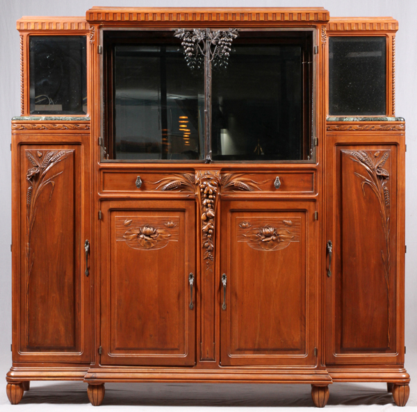 ATTRIB. TO MAJORELLE, ART NOUVEAU WALNUT  CABINET, C. 1900, H 73" W 78" D 16": Attributed  to Louis