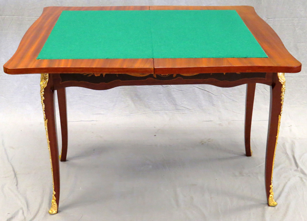LOUIS XV STYLE GAMES TABLE, MAHOGANY & FRUITWOOD  WITH BRONZE ORMOLU LATE 20TH C., H 32", L 41", D - Image 4 of 6