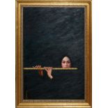 OIL ON CANVAS, H 40", L 28" FLUTE PLAYER:  Depicting a female flute player with a black